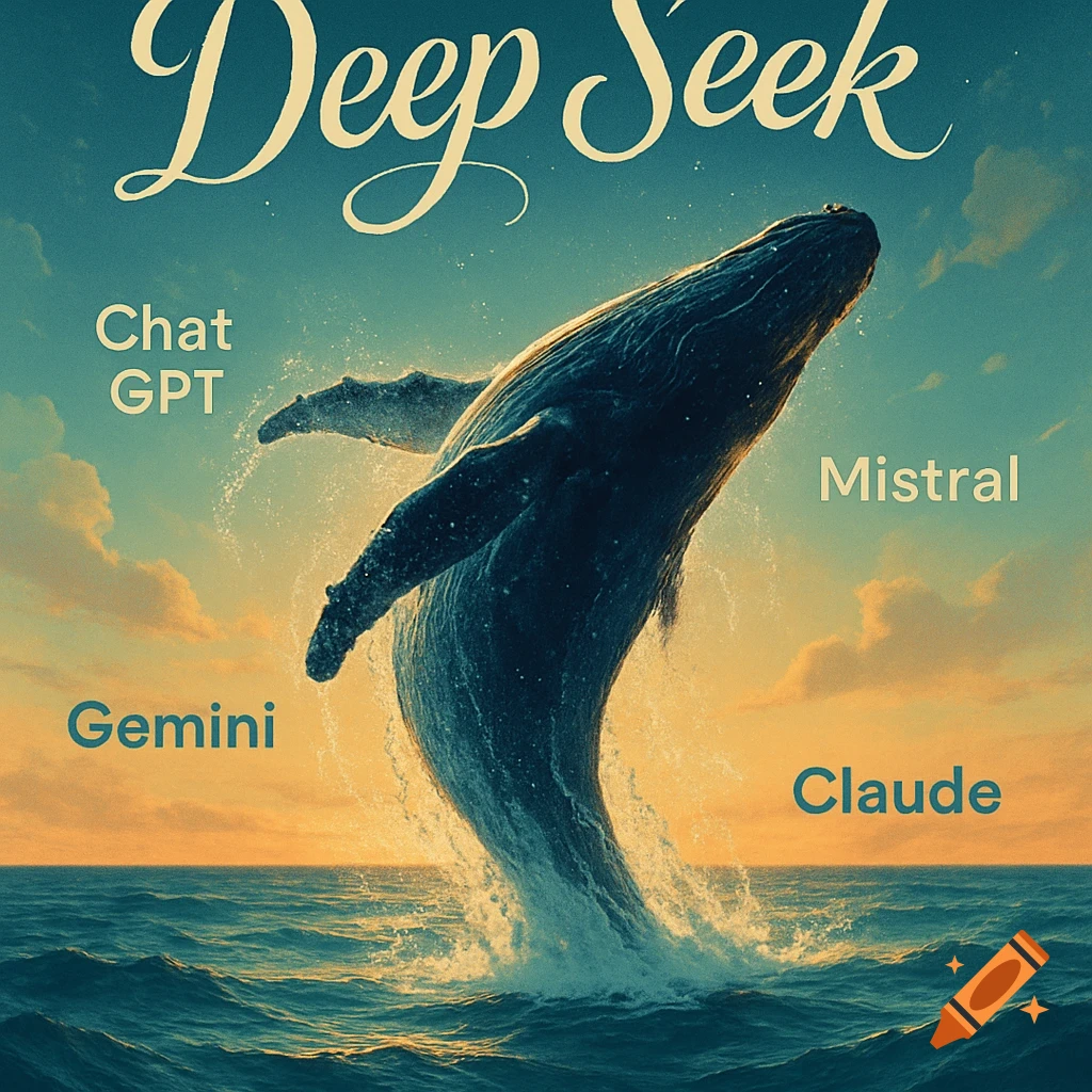 A whale breaches from the ocean at sunset with 'Deep Seek' and names of AI models like 'Chat GPT' written around it. Digital art.