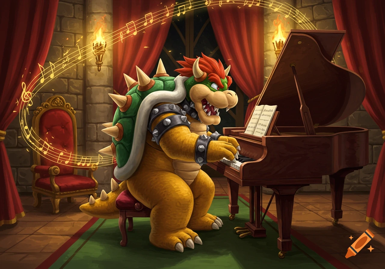 Bowser, the Mario character, dramatically plays a grand piano in a lavish, torch-lit room as musical notes float around him.