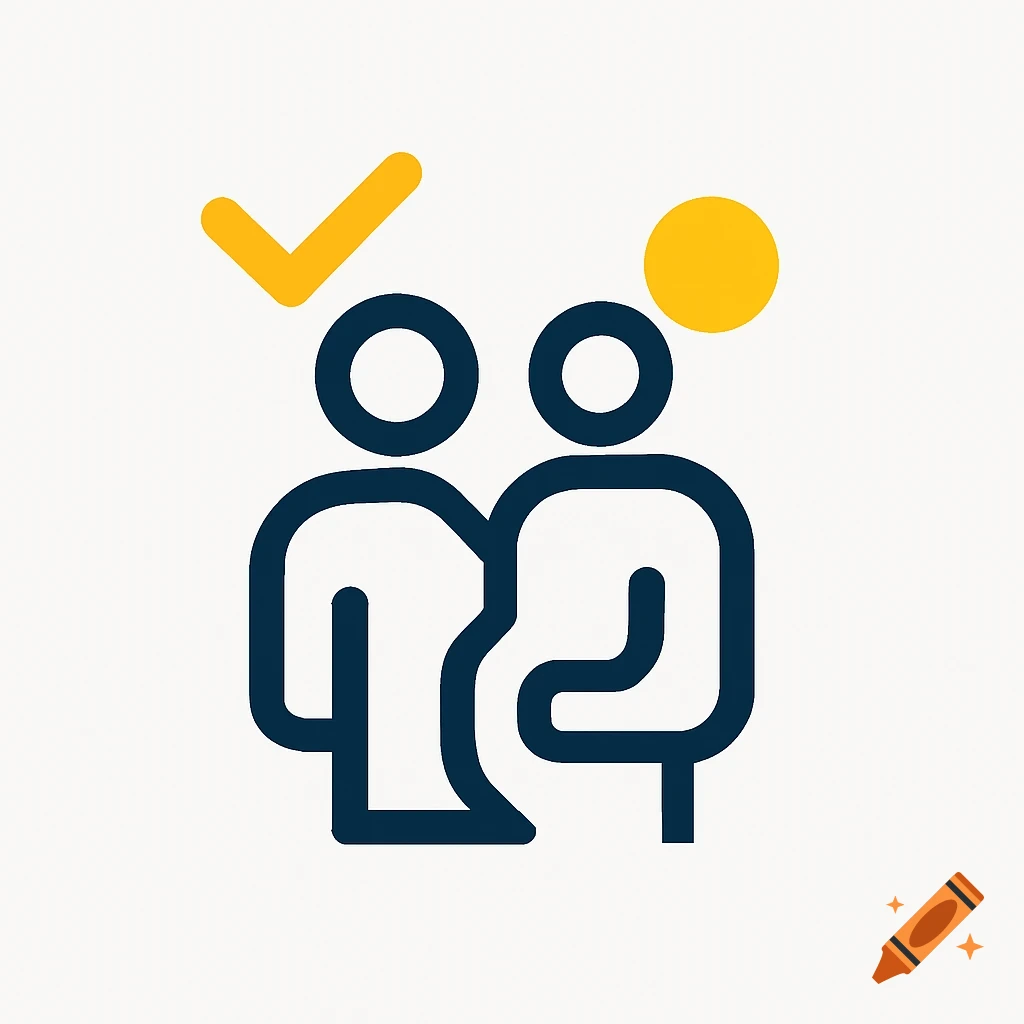A minimalist logo featuring two dark blue stylized human figures, one with a yellow checkmark, the other with a yellow circle.