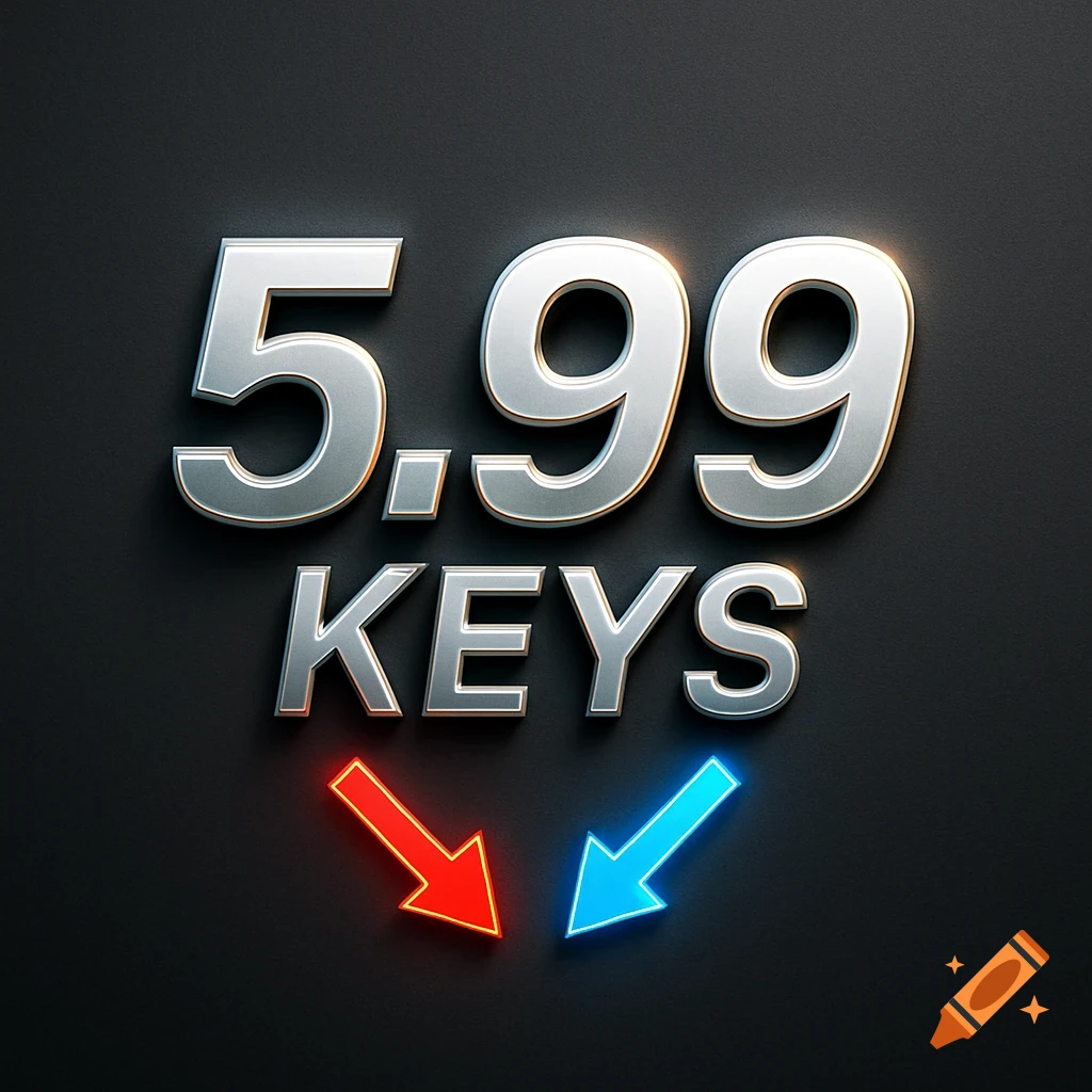Metallic silver text '5.99 KEYS' on a dark gray background with glowing red and blue arrows pointing downwards.