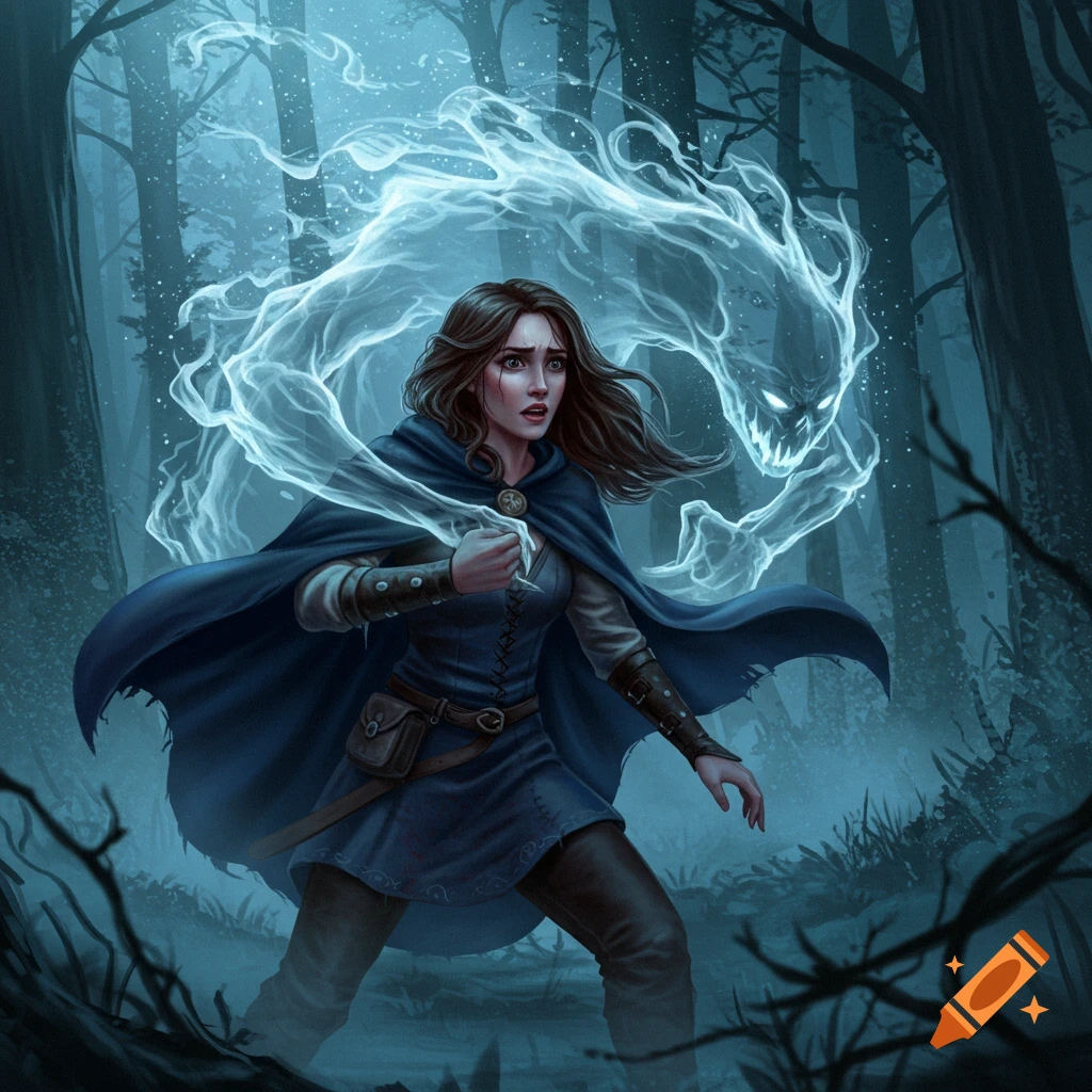 A startled young woman in a blue cloak faces a glowing spectral monster emerging from a dark, misty forest, digital painting.