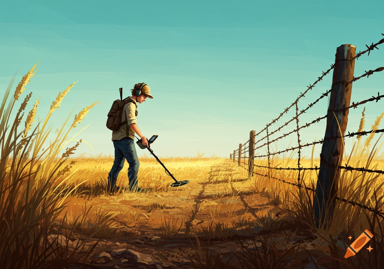 An illustrated scene of a person using a metal detector in a golden field next to a barbed wire fence.