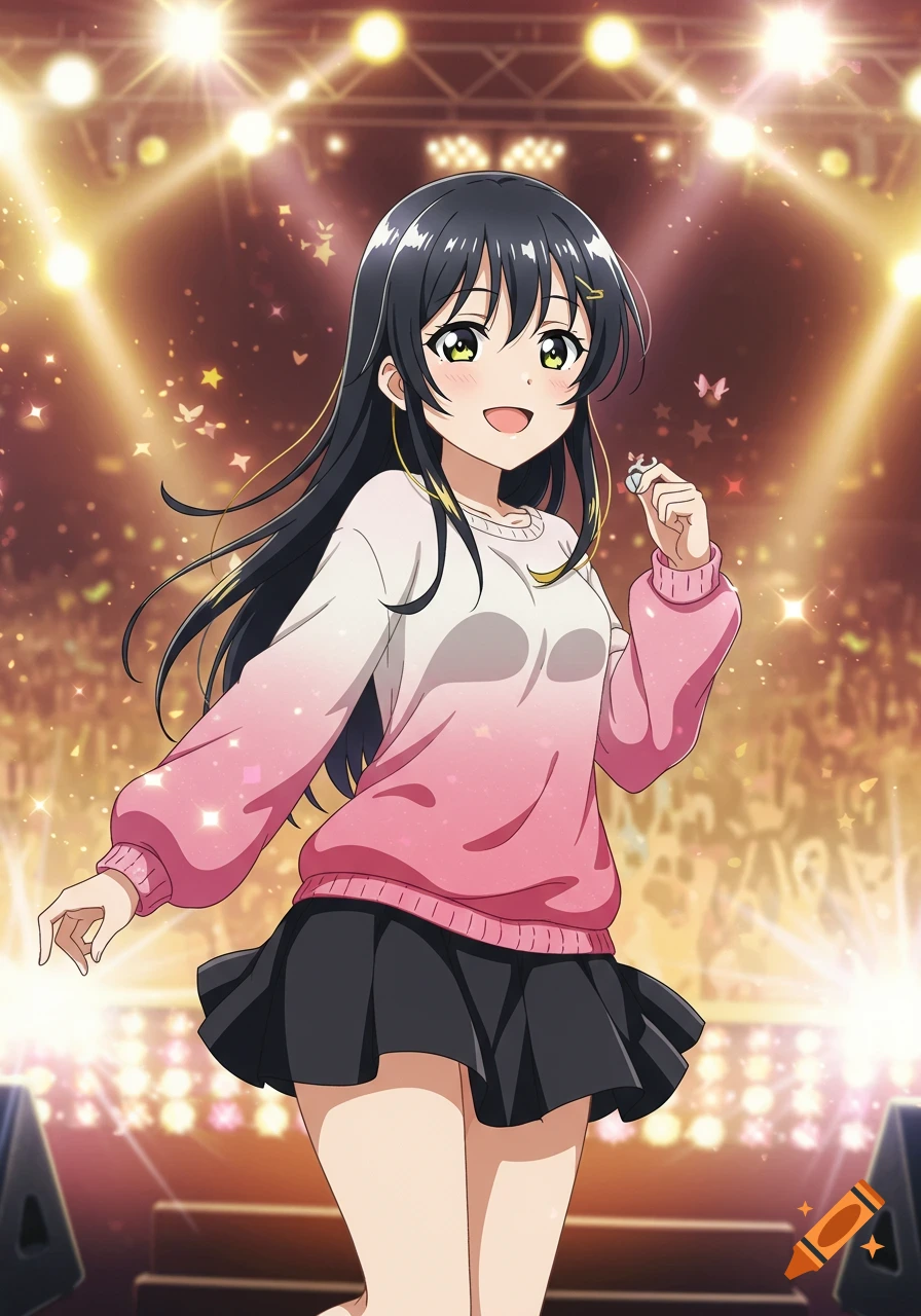 Anime girl with long black hair in a pink and white sweater and black skirt, smiling on a brightly lit concert stage with sparkling effects.
