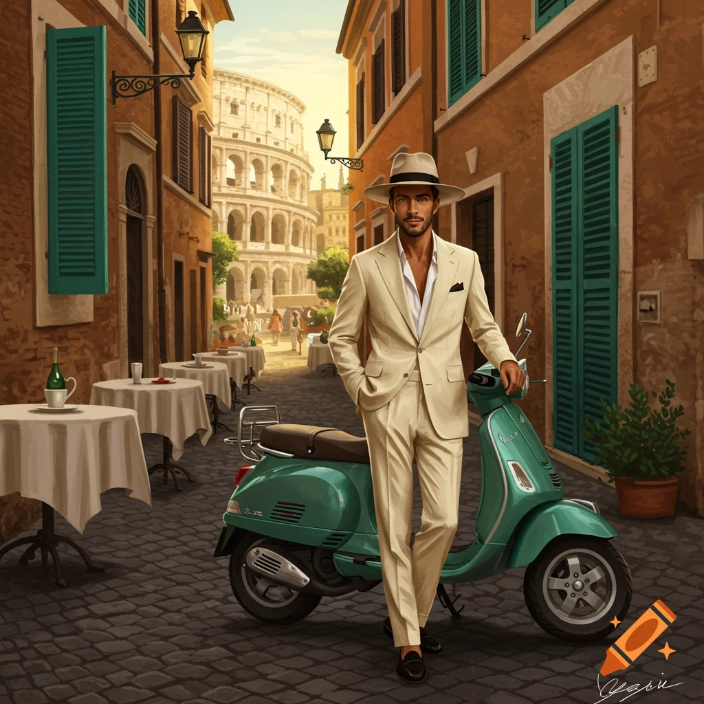 A man in a cream suit and fedora stands next to a teal Vespa scooter on a cobbled Italian street with outdoor cafes and the Colosseum in the background.