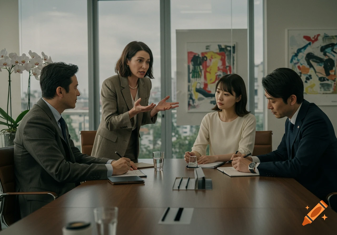 Four professionals in suits discuss around a conference table in a modern office.