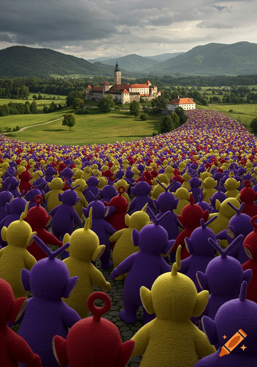 Hundreds of yellow, purple, and red Teletubbies march along a path towards a grand castle in a green valley under a dramatic cloudy sky.