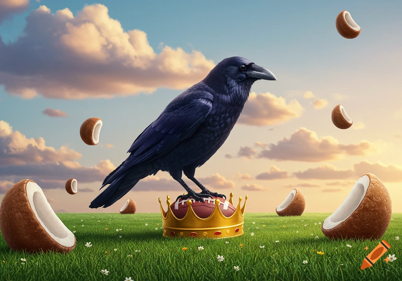 A black crow stands on a football in a golden crown in a green field with floating coconuts under a cloudy sunset sky.