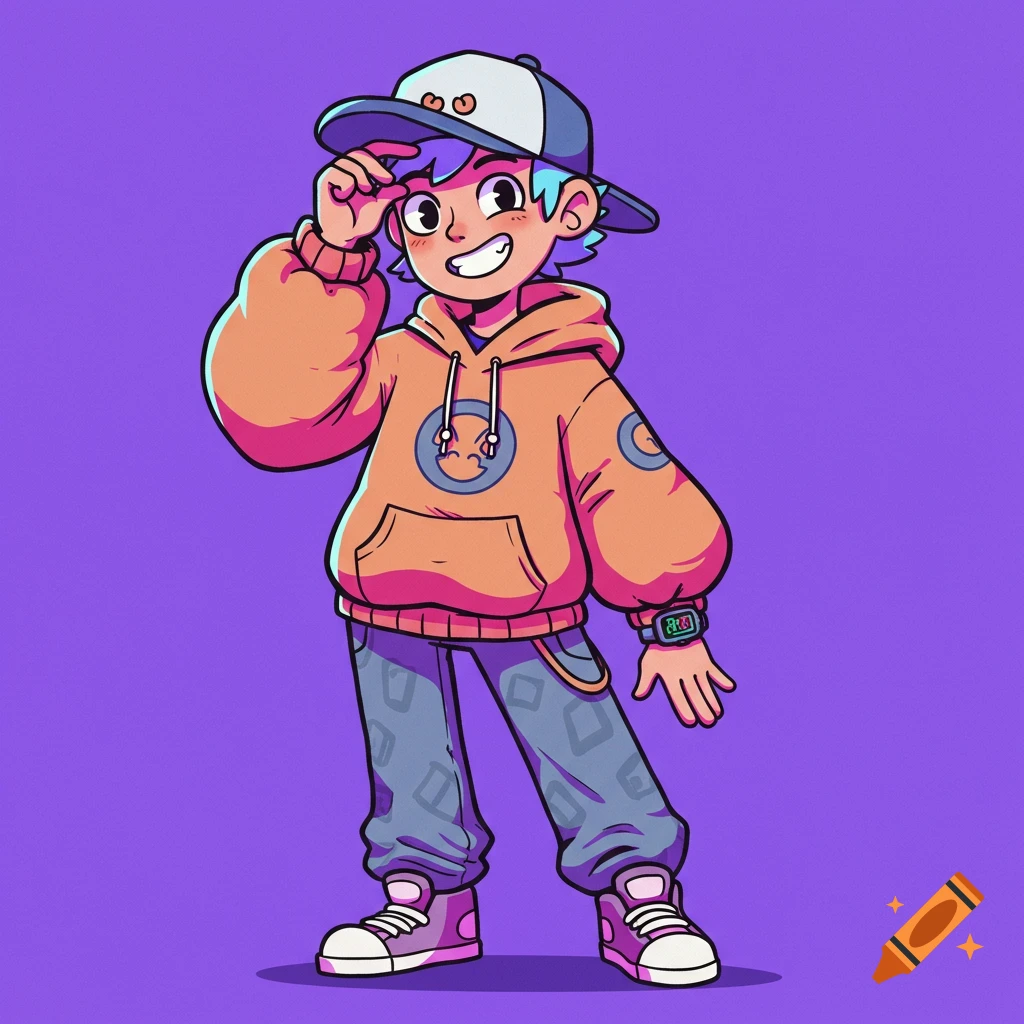 A vibrant cartoon character with blue hair and a cap, wearing an orange hoodie and jeans, stands smiling against a purple background.