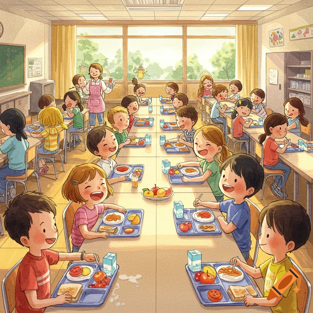 Watercolor drawing of diverse elementary school children and a teacher eating lunch in a bright cafeteria.