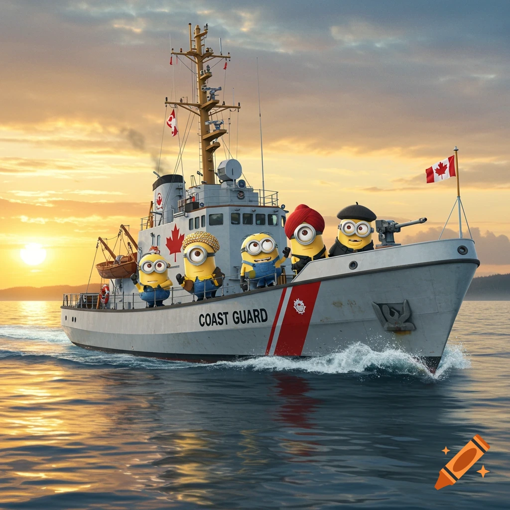 Five Minions, dressed in various outfits including a turban and a beret, stand on a Canadian Coast Guard ship sailing at sunset.