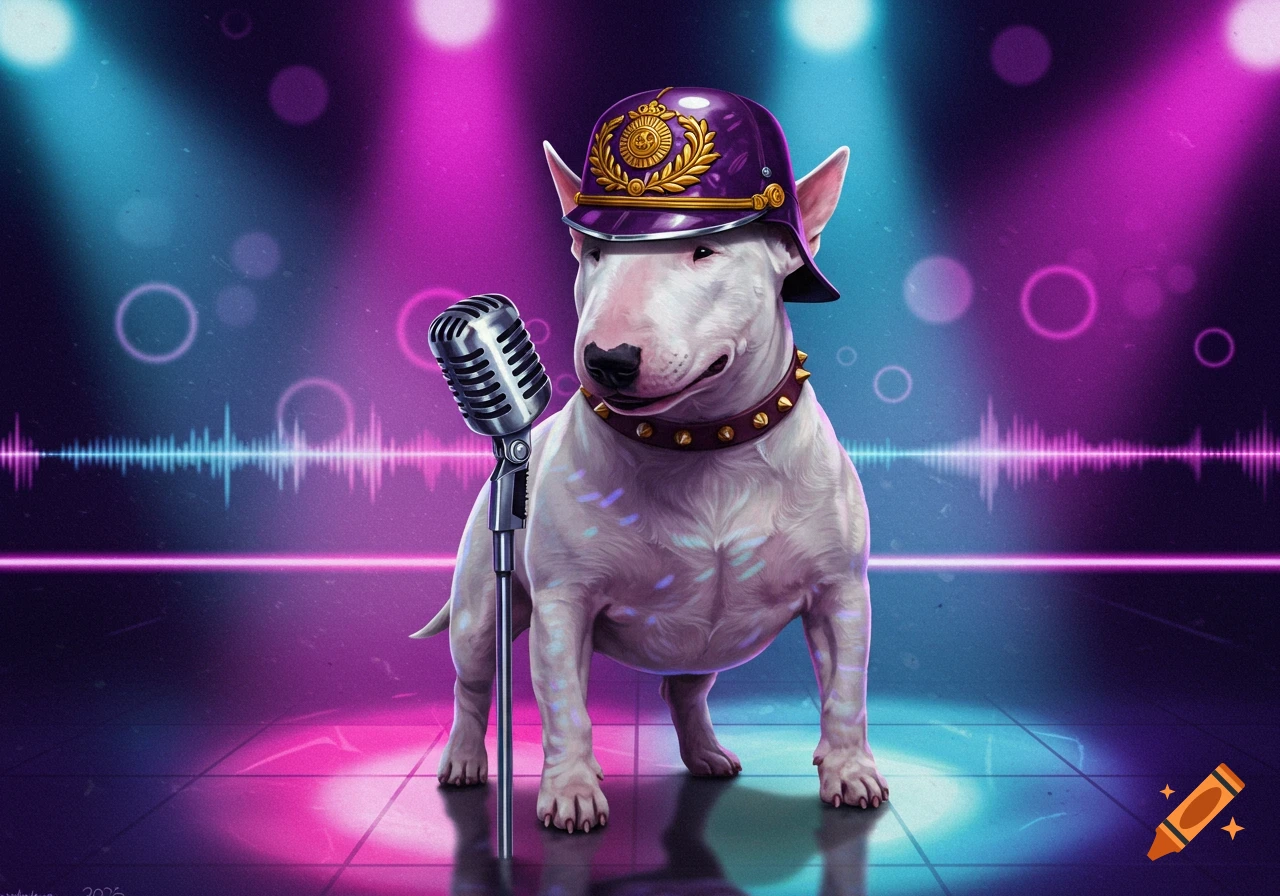 A white bull terrier wearing a purple general helmet and spiked collar stands next to a vintage microphone on a neon-lit stage.