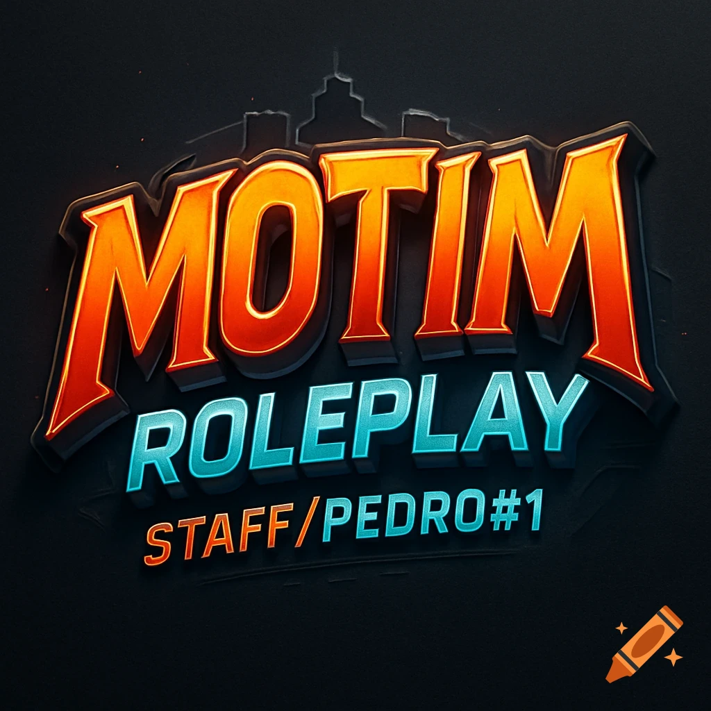 A dynamic 3D logo for 'MOTIM ROLEPLAY'. 'MOTIM' is in large, bold orange-red gradient letters, with 'ROLEPLAY' below in sleek light blue letters. Below that is 'STAFF/PEDRO#1' in orange. The text has a subtle glow and is set against a dark background with a faint city skyline outline.