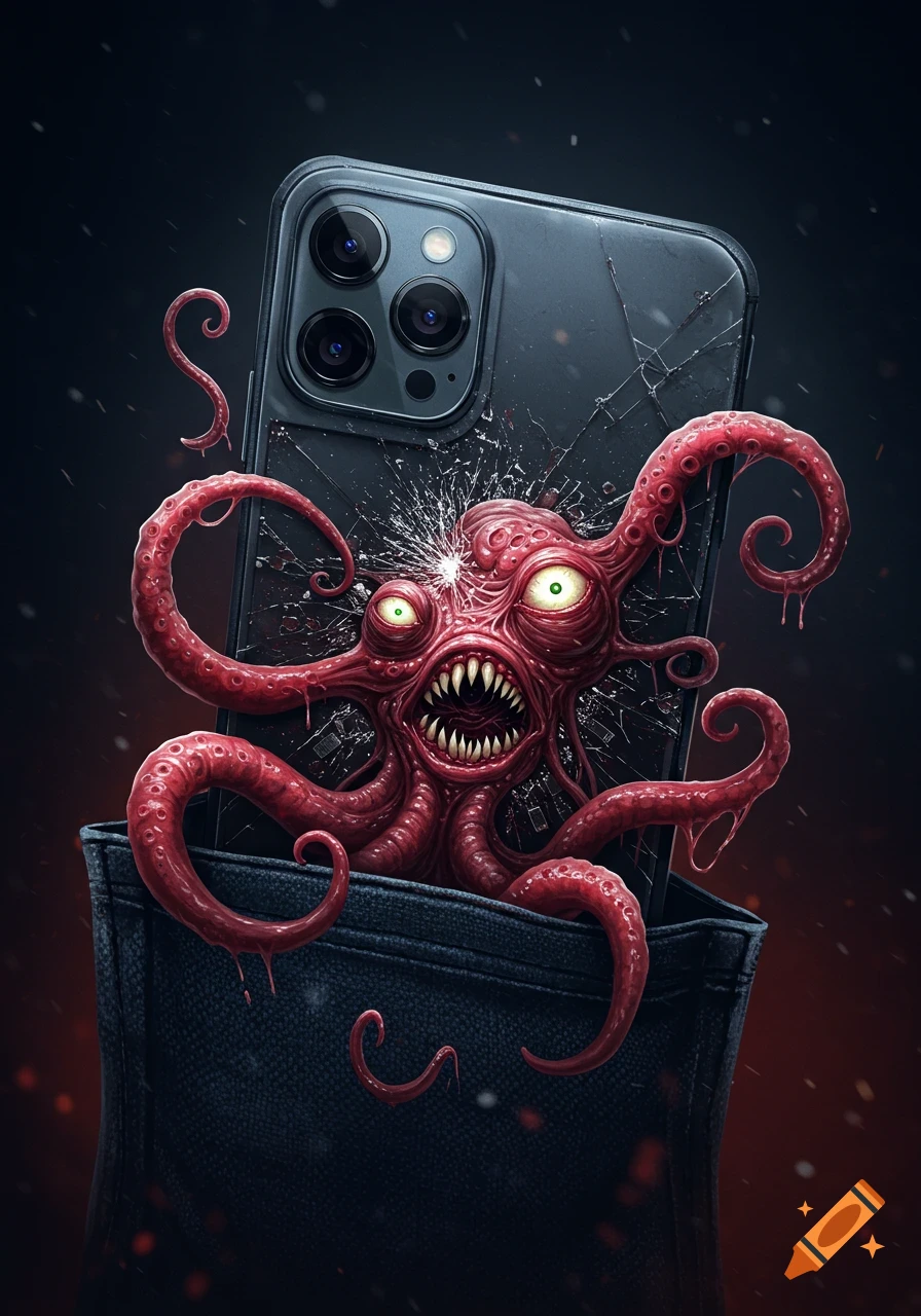 A grotesque, red tentacled monster with glowing eyes and sharp teeth bursting from a shattered smartphone in a pocket, in a dark, stylized digital art style.