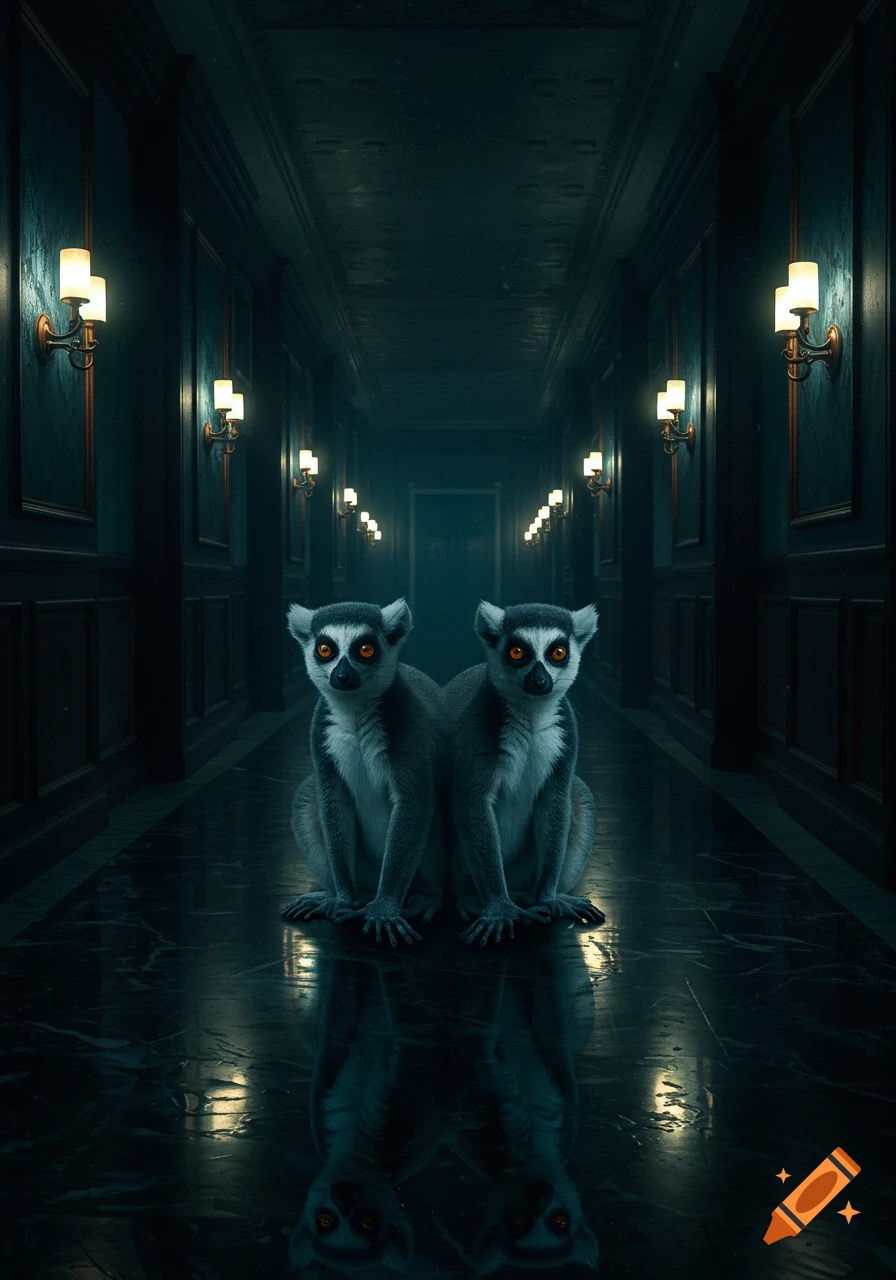 Two ring-tailed lemurs with glowing orange eyes sit in a dark, ominous hotel hallway with a reflective floor.