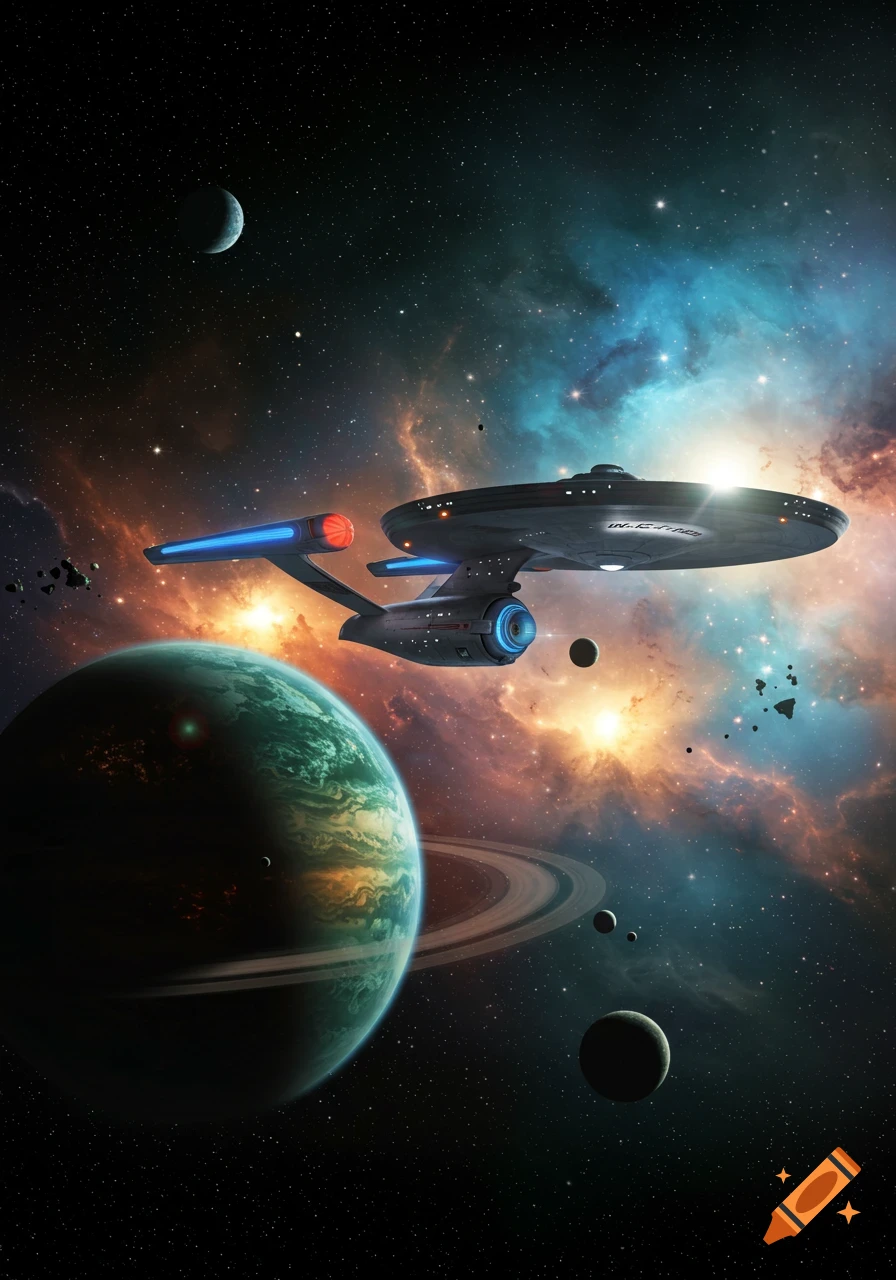 The USS Enterprise-D flies past a ringed planet and moons amidst a vibrant nebula in space.