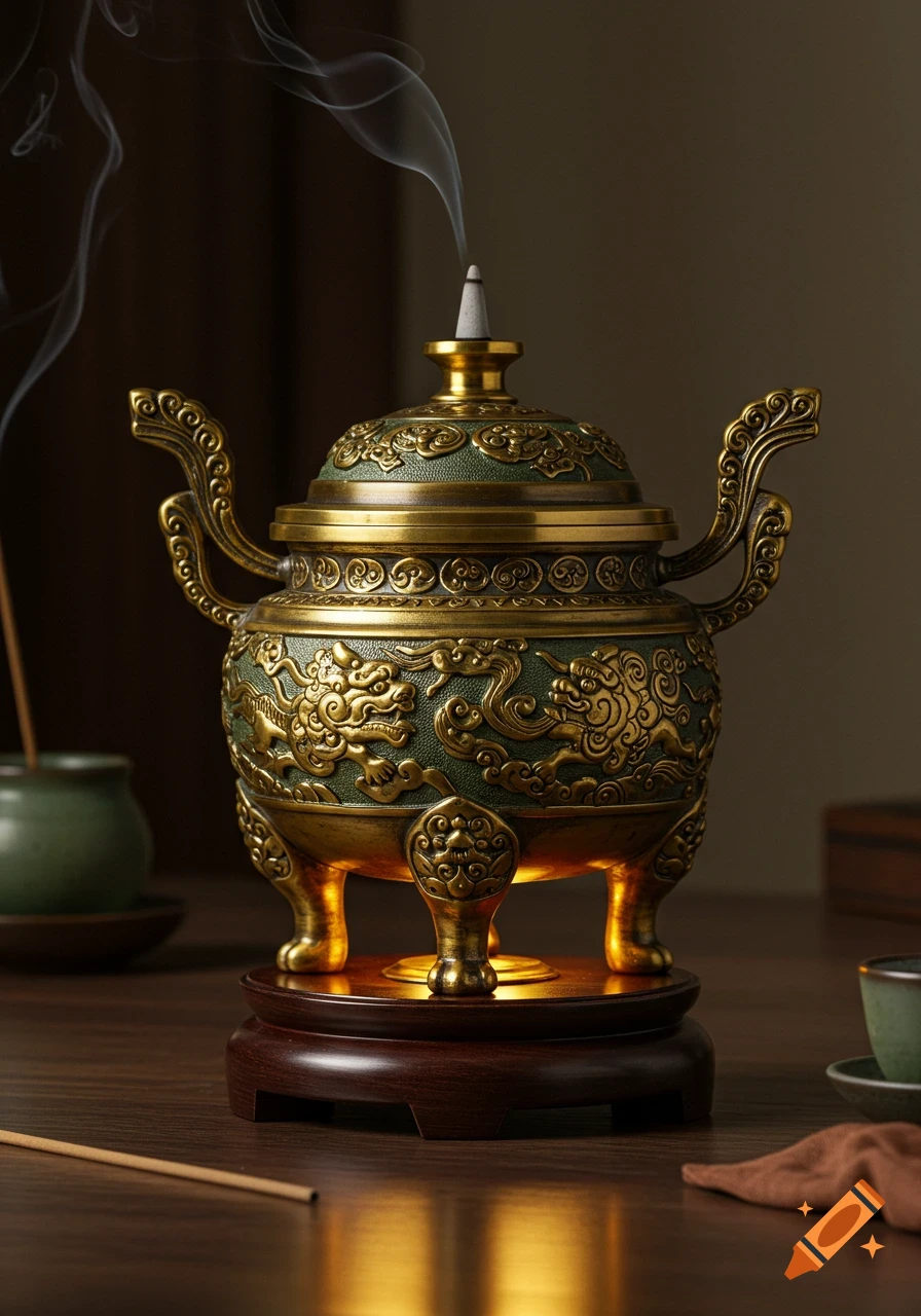 A detailed, ornate gold and green incense burner with smoke rising from the top, glowing from within on a wooden base.