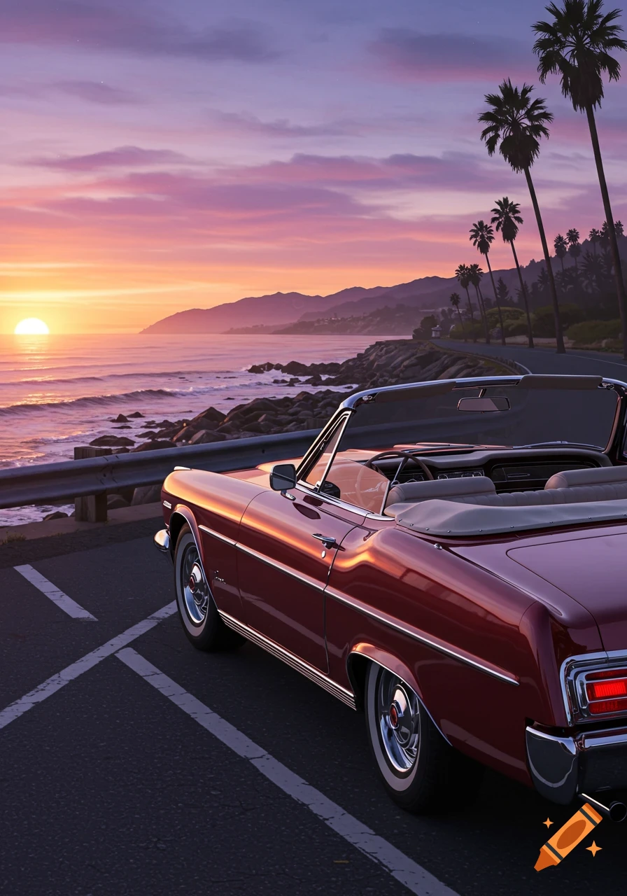 A red classic convertible car parked on a coastal road with palm trees, overlooking the ocean at sunset.