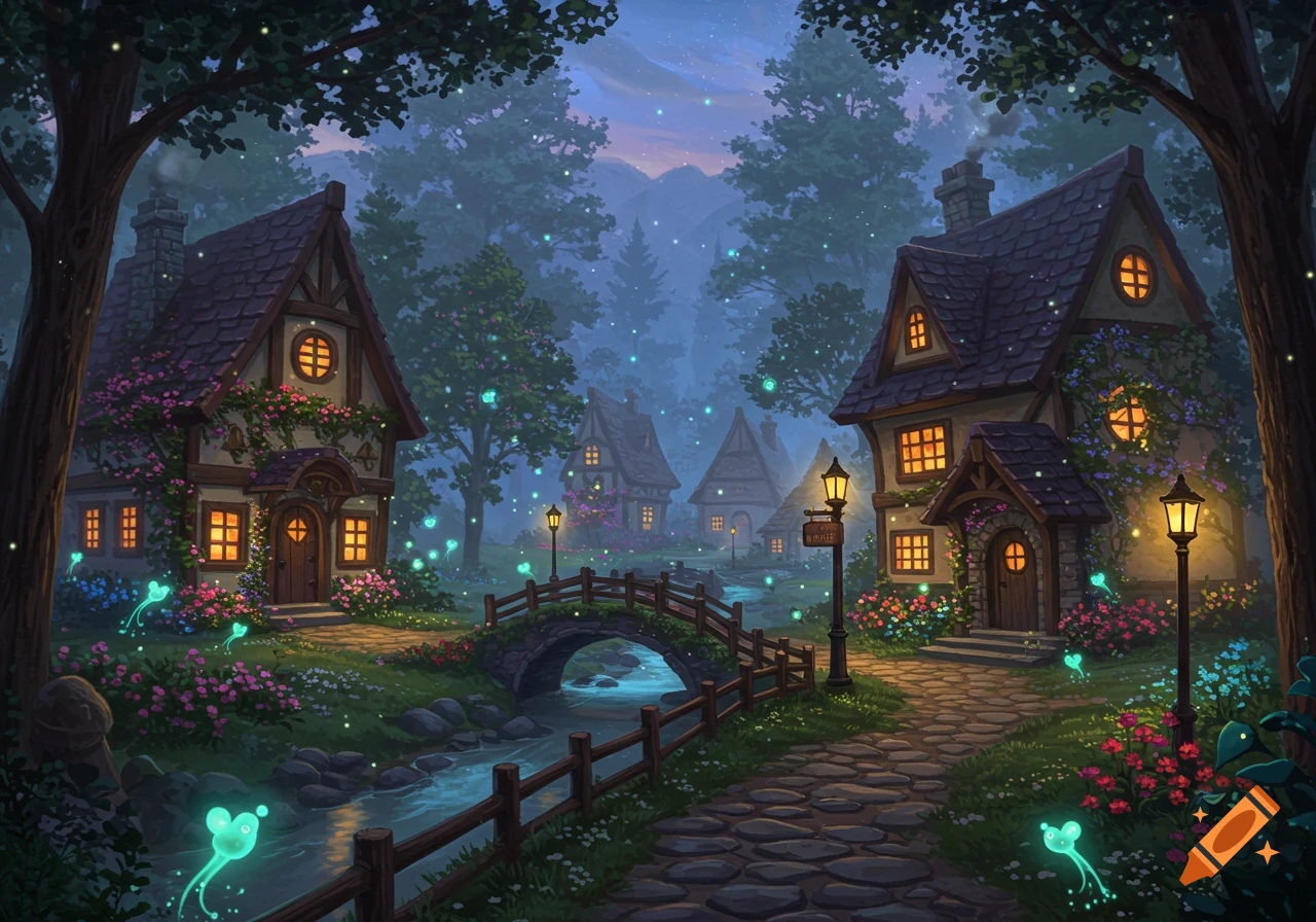 A vibrant fantasy village at dusk with glowing cottages, cobblestone path, a stream, bridge, and luminous spirits among lush trees.