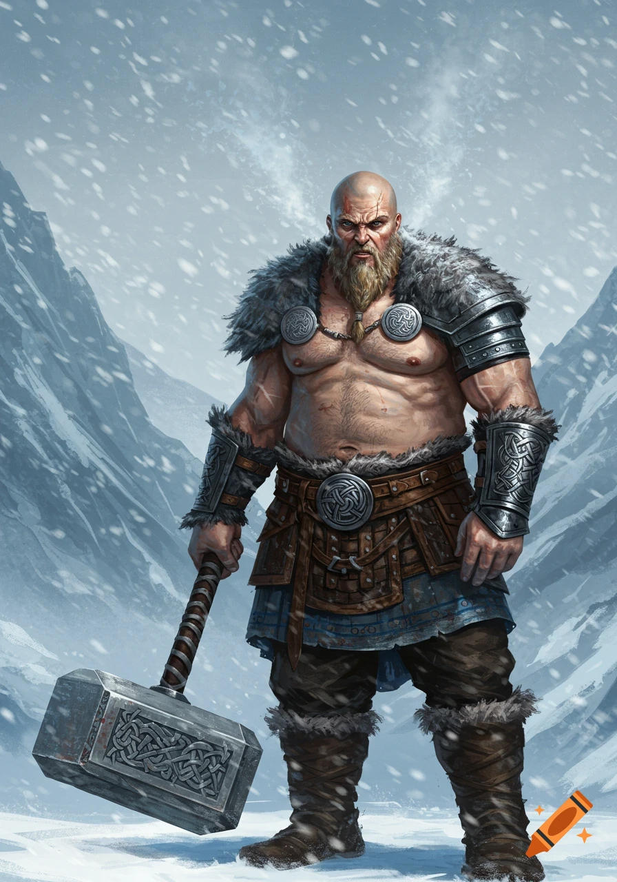 A bald, bearded berserker with a hefty build stands shirtless in a snowy mountain landscape, holding a large war hammer.