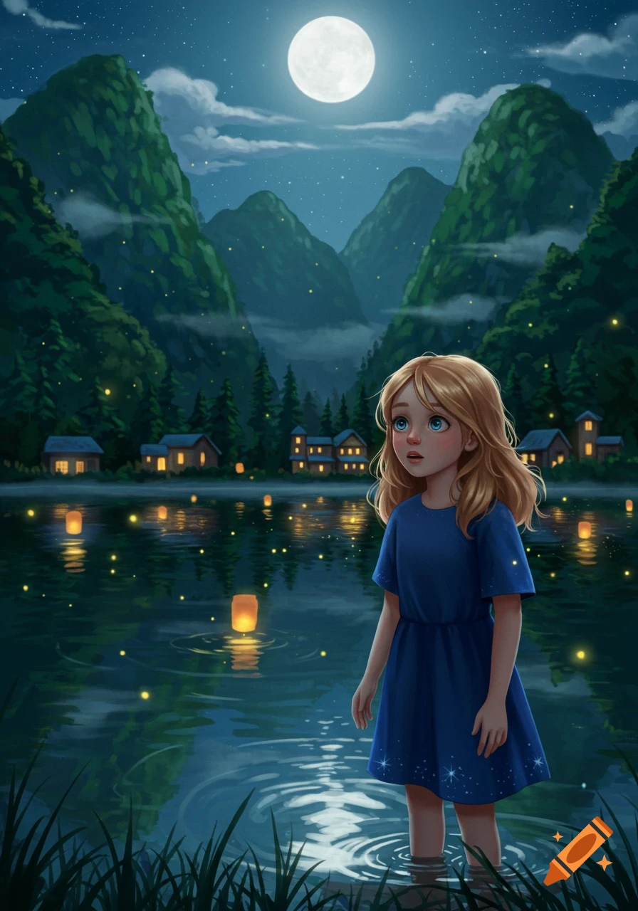 A young girl in a blue dress stands in a moonlit lake with floating lanterns and fireflies, looking up at a full moon above mountains and a village.