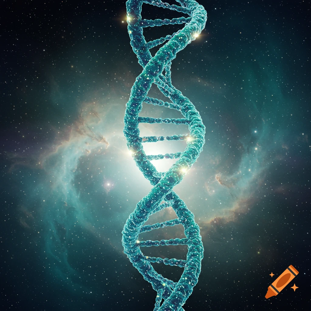 A vibrant blue DNA double helix spirals upwards against a starry cosmic nebula background, glowing with light.