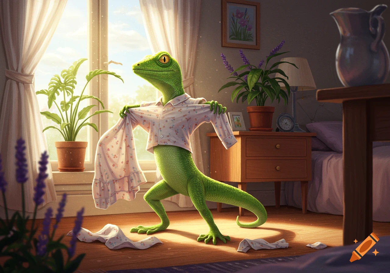 A vibrant illustration of a green lizard taking off pink pajamas in a sunlit bedroom.