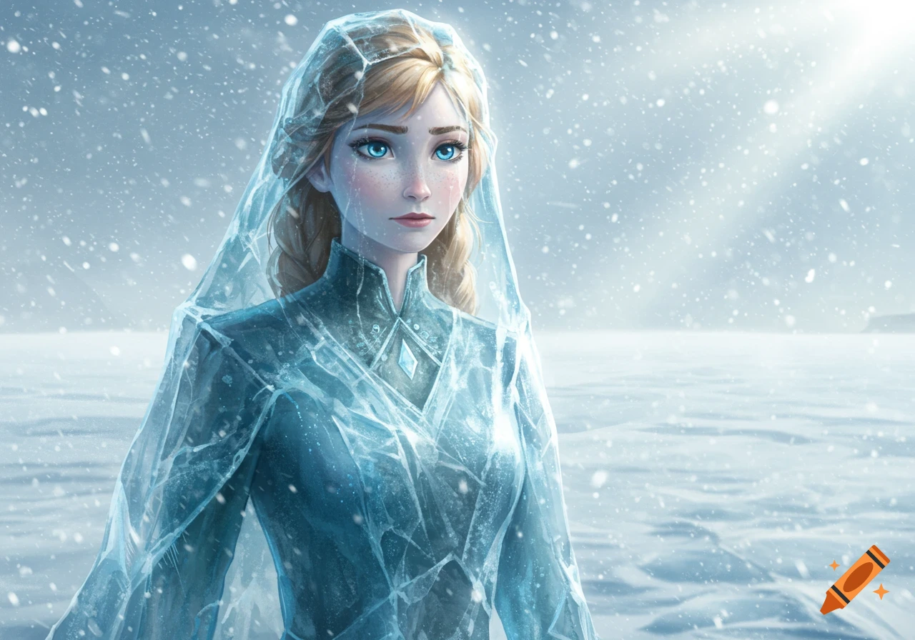 A fantasy portrait of a blonde woman with blue eyes, partially covered in ice, standing in a snowy landscape with falling snow.