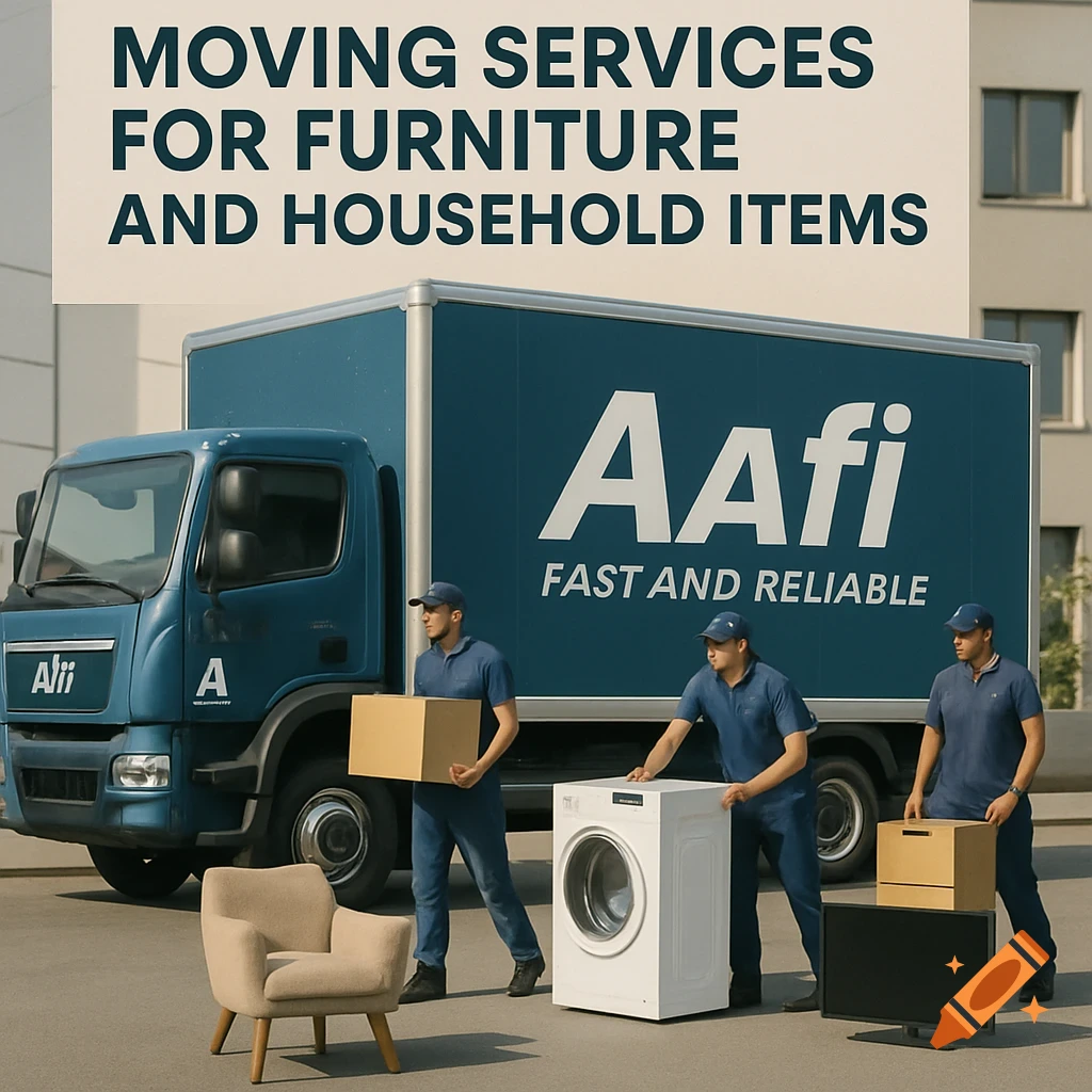 A blue moving truck with the 'Aafi' logo, two movers carrying boxes, one mover pushing a washing machine, and a small armchair and TV set on the ground. Overhead text reads 'MOVING SERVICES FOR FURNITURE AND HOUSEHOLD ITEMS'.