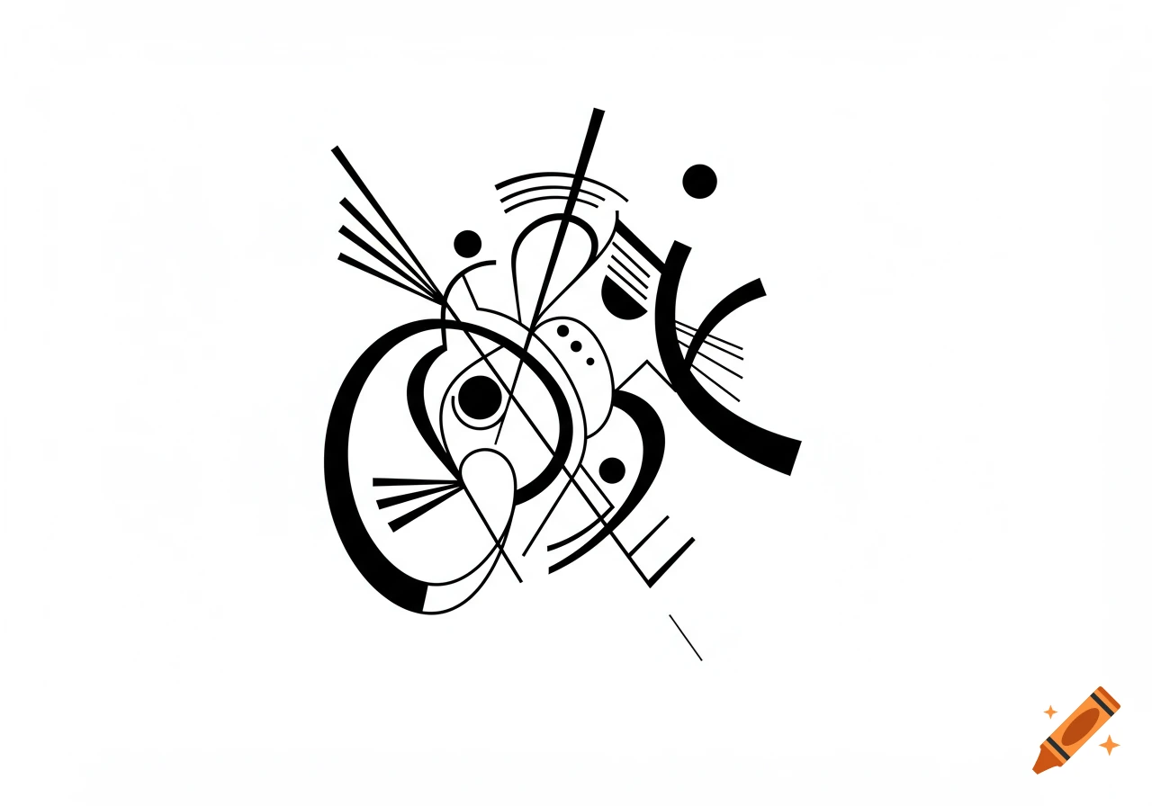 Abstract black and white line art with geometric shapes and forms, in a Kandinsky style.