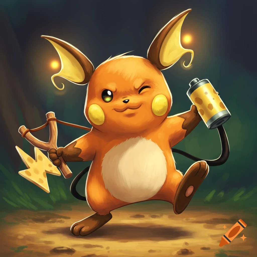 A winking, orange Raichu-like character holds a slingshot and a cheese battery in a digital painting.