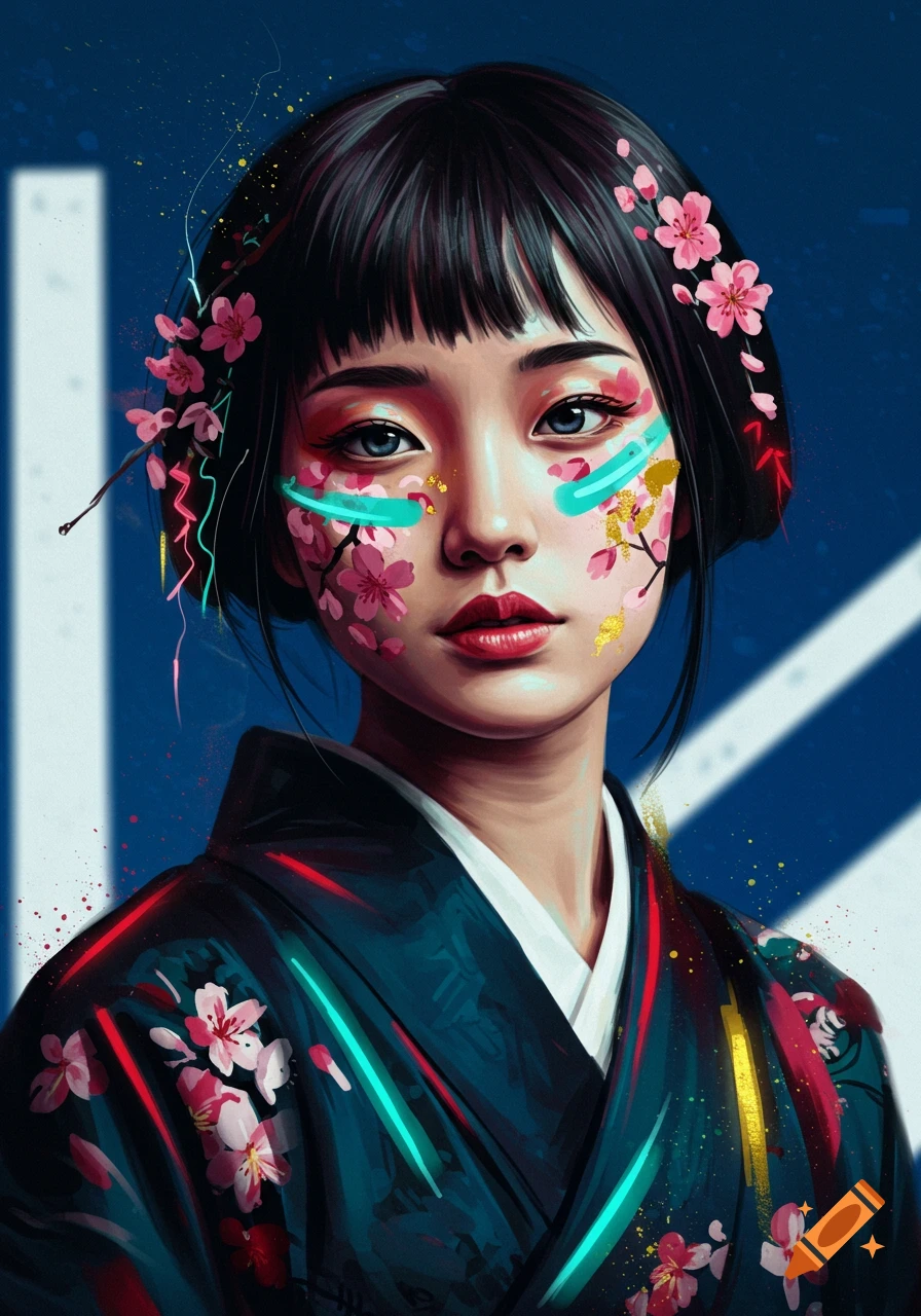 Vibrant modern art portrait of a Japanese girl with cherry blossoms, neon lines, and gold flakes on her face, against a blue background.