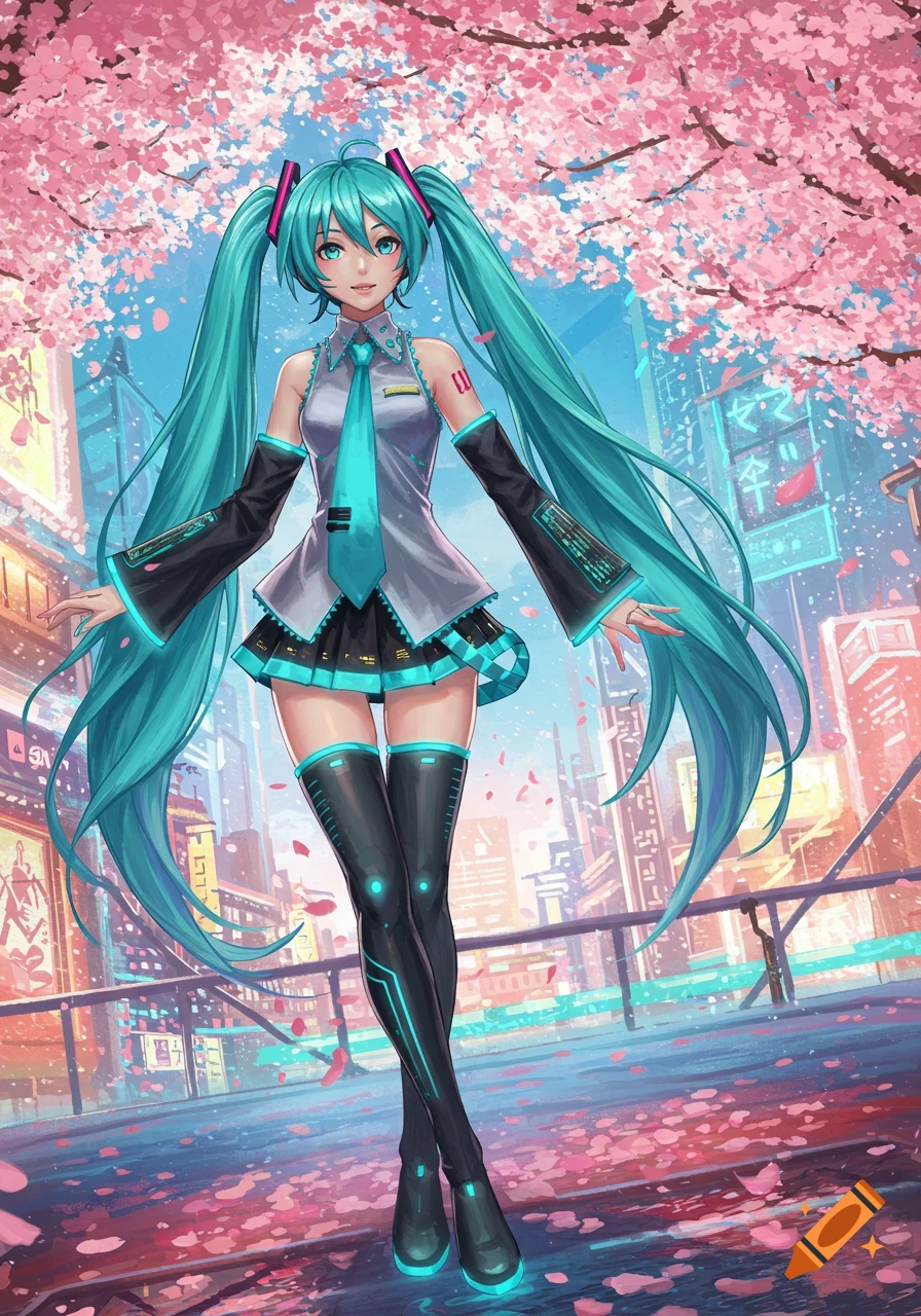 Hatsune Miku stands in a vibrant anime cityscape under blooming cherry blossom trees with falling petals.