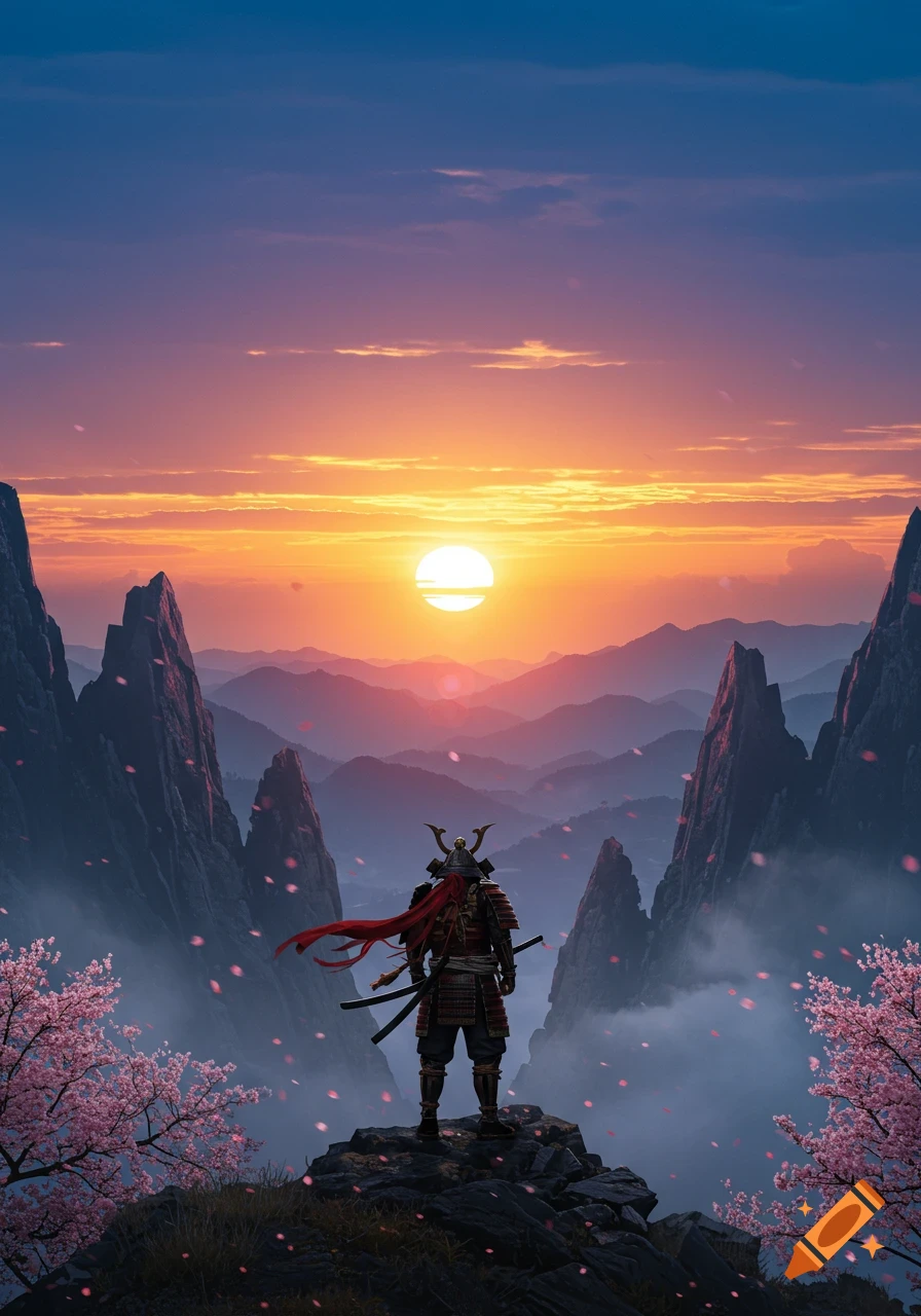 A samurai warrior stands on a mountain peak, overlooking a dramatic sunset over a misty mountain range with falling cherry blossoms.