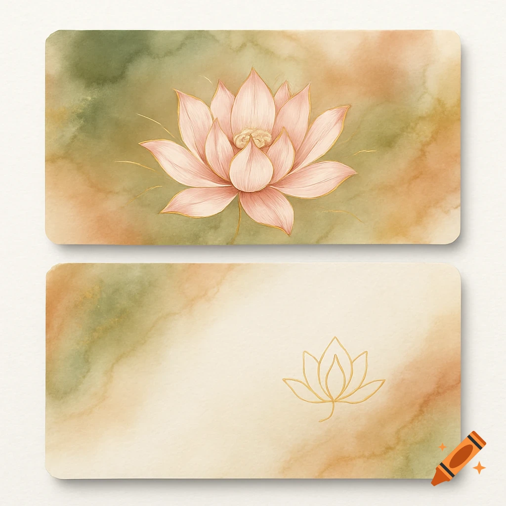 Two elegant business card designs featuring a pink lotus flower with gold accents on an earthy watercolor background.