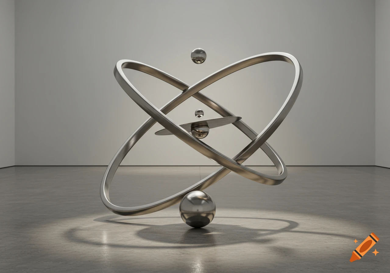 A photorealistic abstract metal sculpture in a minimalist gallery. It features interconnected rings, discs, and shiny spheres.