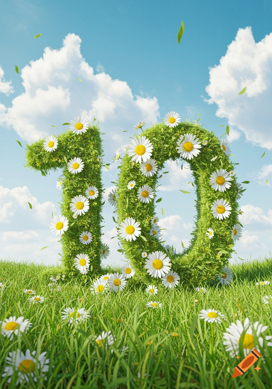 The number 10 made of grass and daisies, standing in a sunny green field under a blue sky with falling leaves.