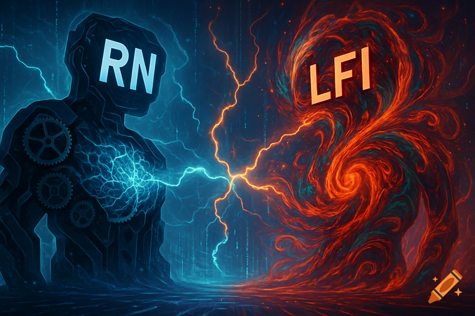 A vibrant digital art image depicts two abstract figures: a blue mechanical entity with "RN" on its head, and a red fiery entity with "LFI", clashing with central lightning bolts.