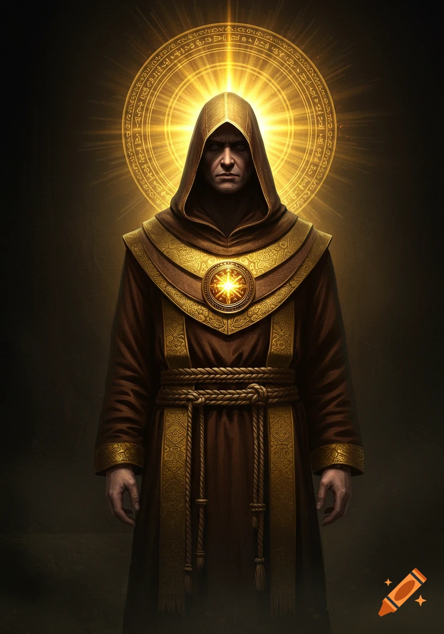 Realistic fantasy illustration of a mysterious hooded man in golden and brown robes with a radiant golden halo.