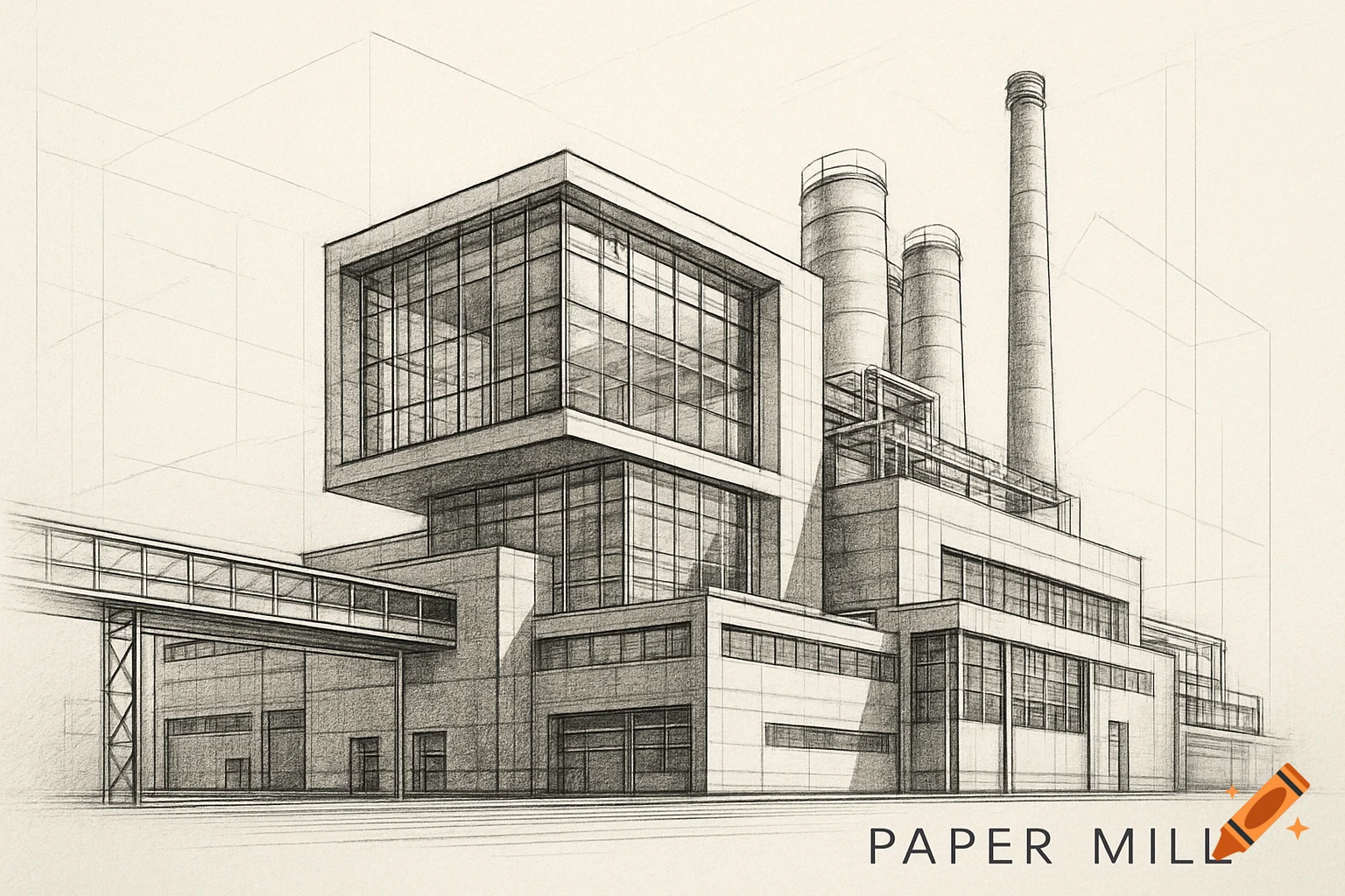 Architectural sketch of a modern paper mill with tall chimneys and connecting walkways, rendered in black and white.