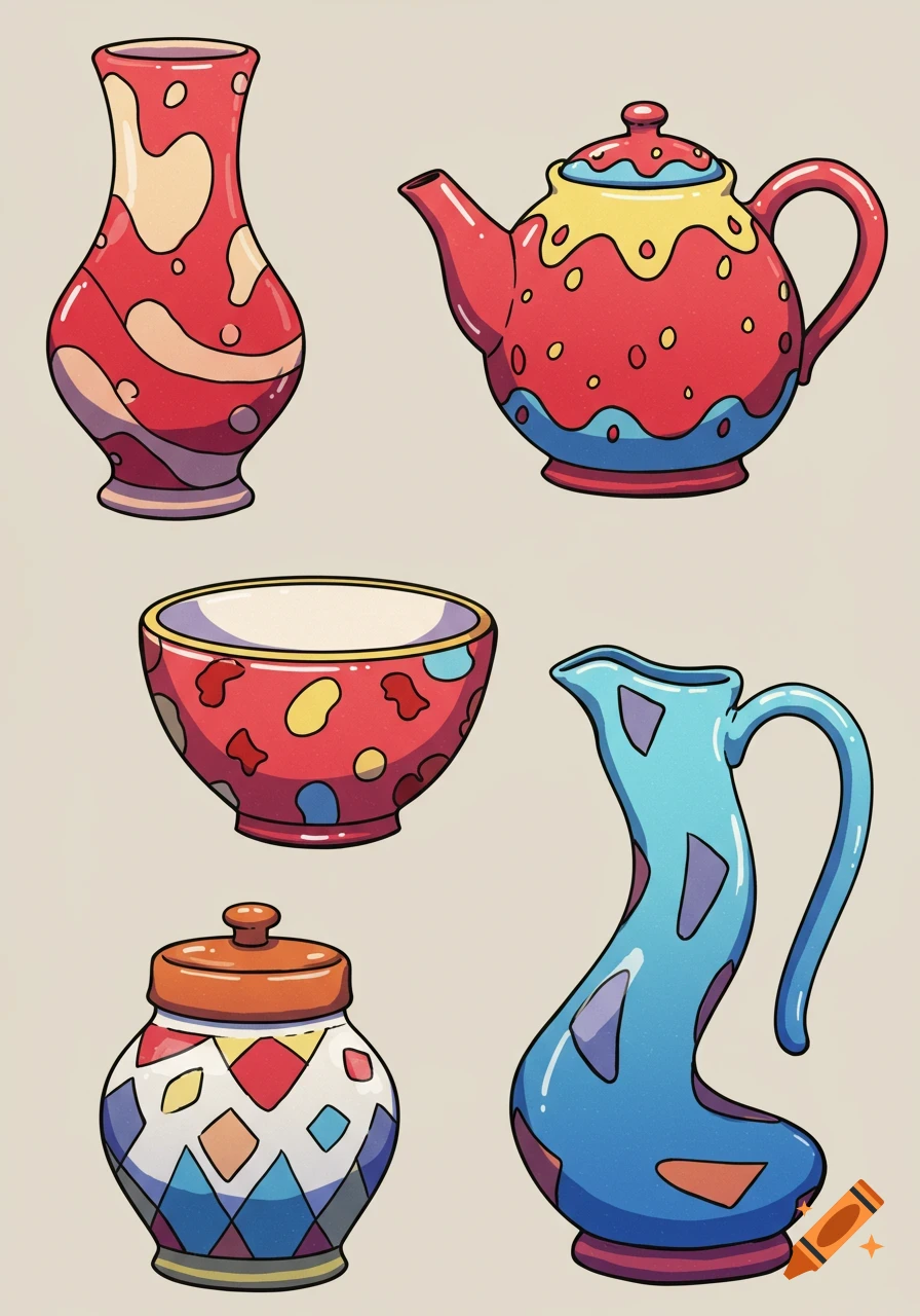 Five pieces of colorful, stylized cartoon pottery, including a vase, teapot, bowl, jar, and pitcher, on a light background.