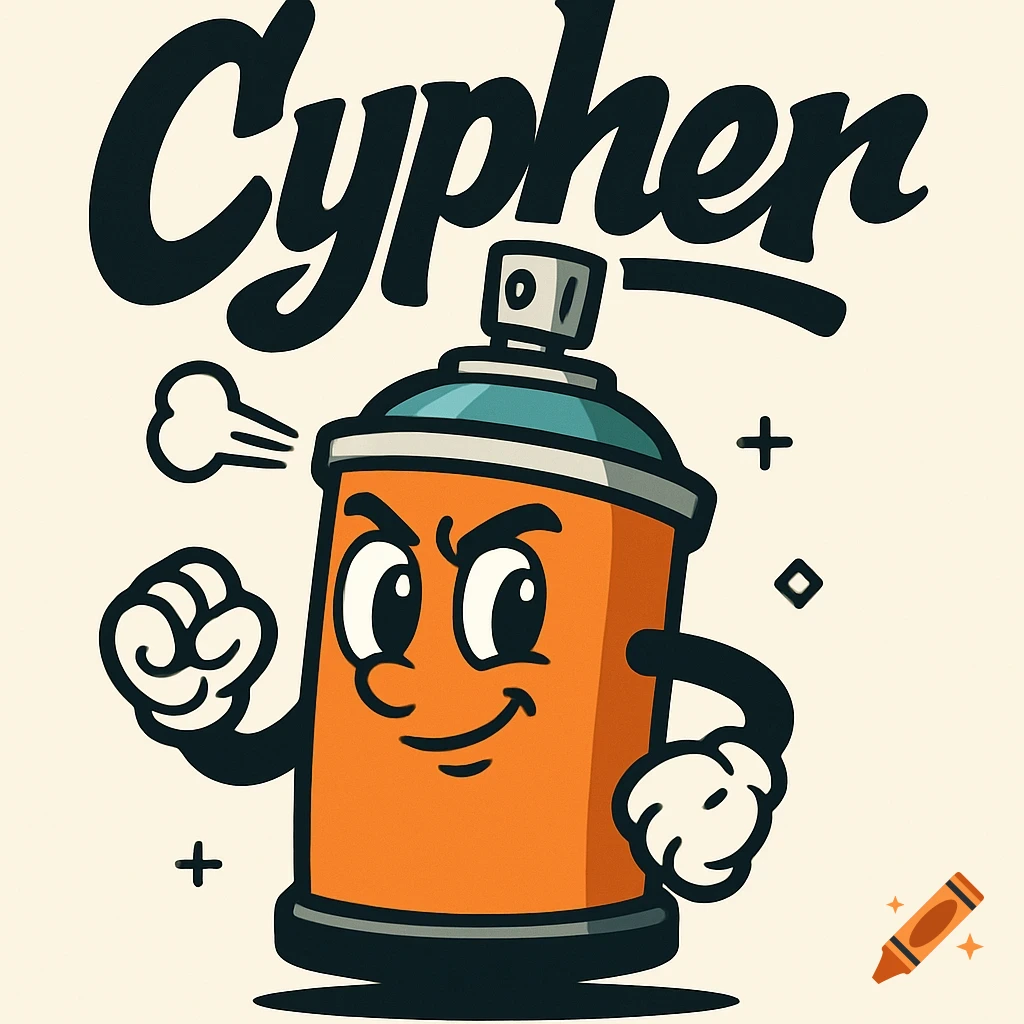 A cartoon orange spray can character with fists and a determined expression, with the word 'Cypher' above in graffiti style.