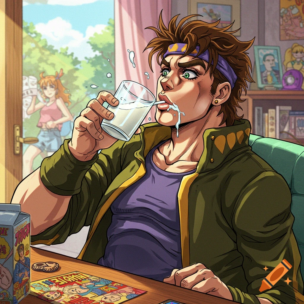 An anime character resembling Joseph Joestar drinks milk, spilling some down his chin and chest, while sitting at a table with a comic book.