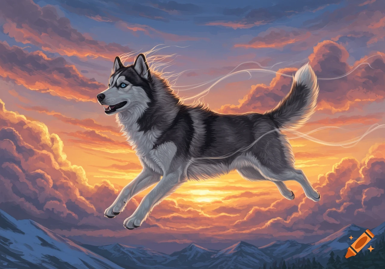 An illustrated husky dog with blue eyes leaps through a vibrant sunset sky filled with orange and purple clouds above snow-capped mountains.