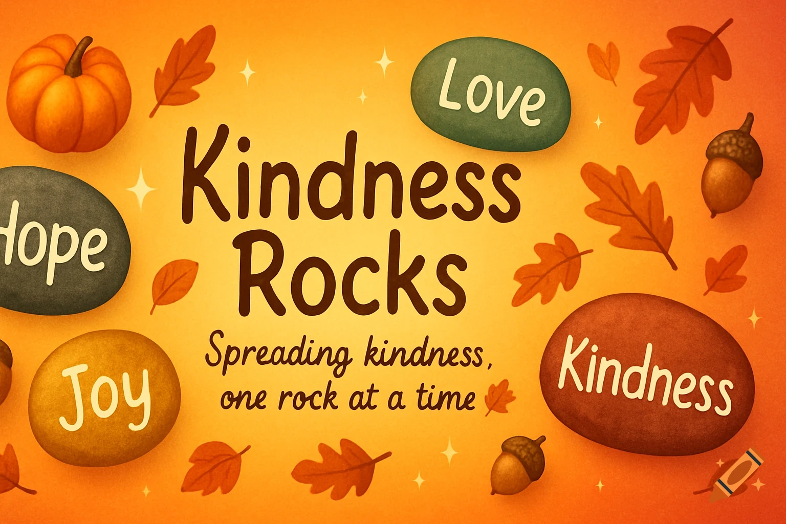 Whimsical autumn illustration featuring 'Kindness Rocks' text, leaves, pumpkins, acorns, and painted rocks with words like Hope, Love, Joy.