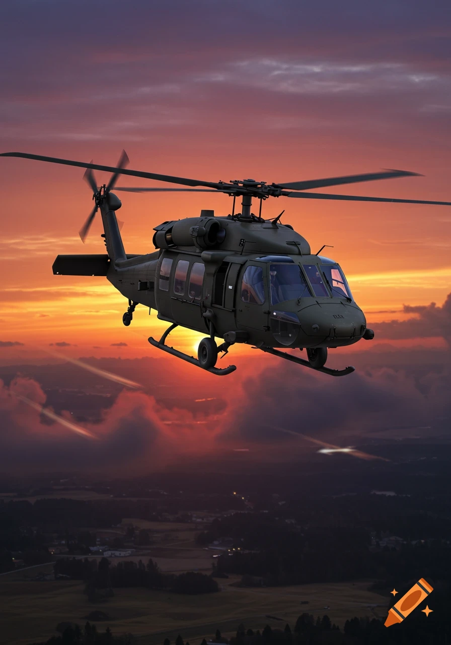 A dark military helicopter flies against a vibrant orange and purple sunset sky above a dark, forested landscape.