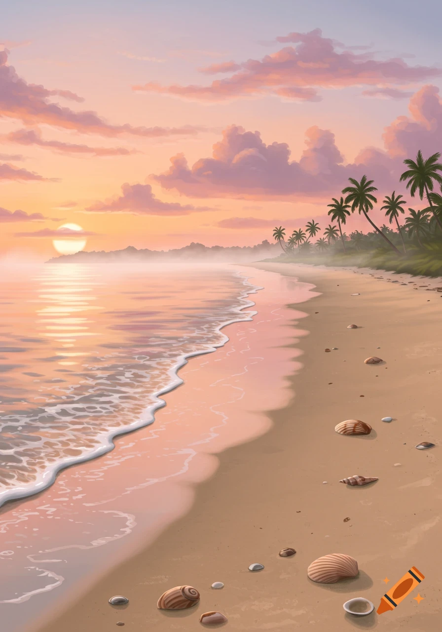 A beautiful, serene beach at sunset with soft pink and orange clouds, calm ocean waves, palm trees, and scattered seashells on the sand in an illustrative style.