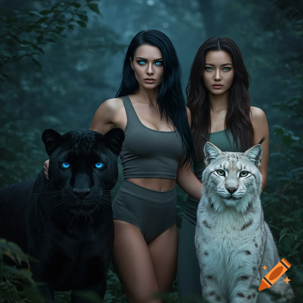 Two women with a black panther and a white lynx, all with glowing eyes, stand in a dark forest in photorealistic style.