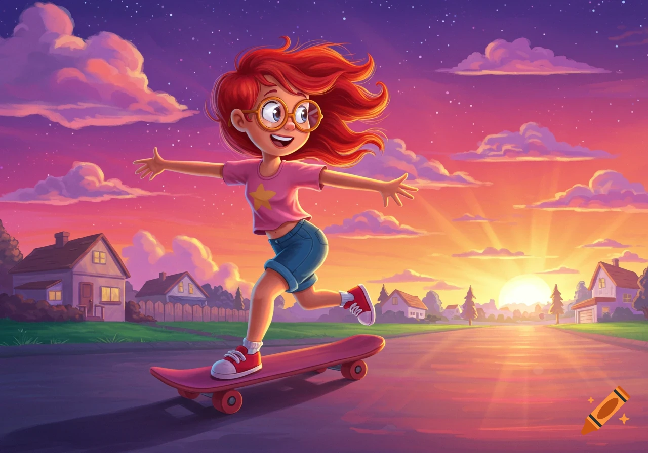 A joyful cartoon girl with red hair and glasses skateboards down a suburban street at sunset.