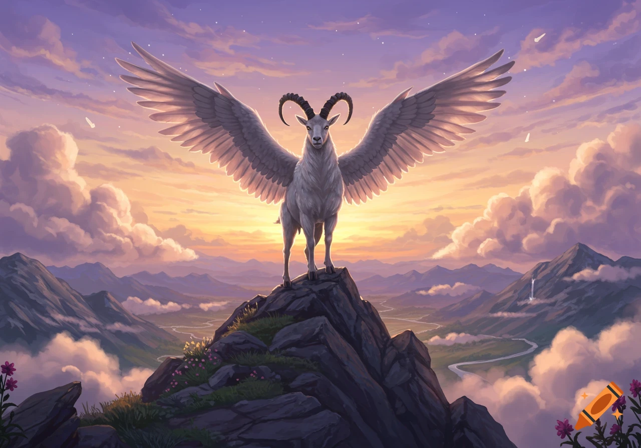 A majestic winged ibex stands atop a mountain peak at sunrise, with a vast mountain landscape below.