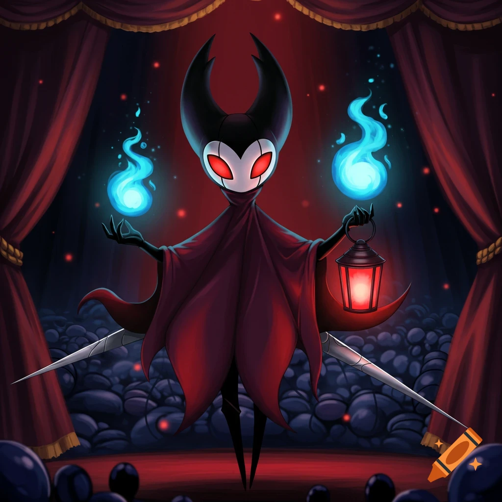 Stylized illustration of Troupe Master Grimm on a stage, holding a red lantern and blue fire, with red curtains and a dark audience.